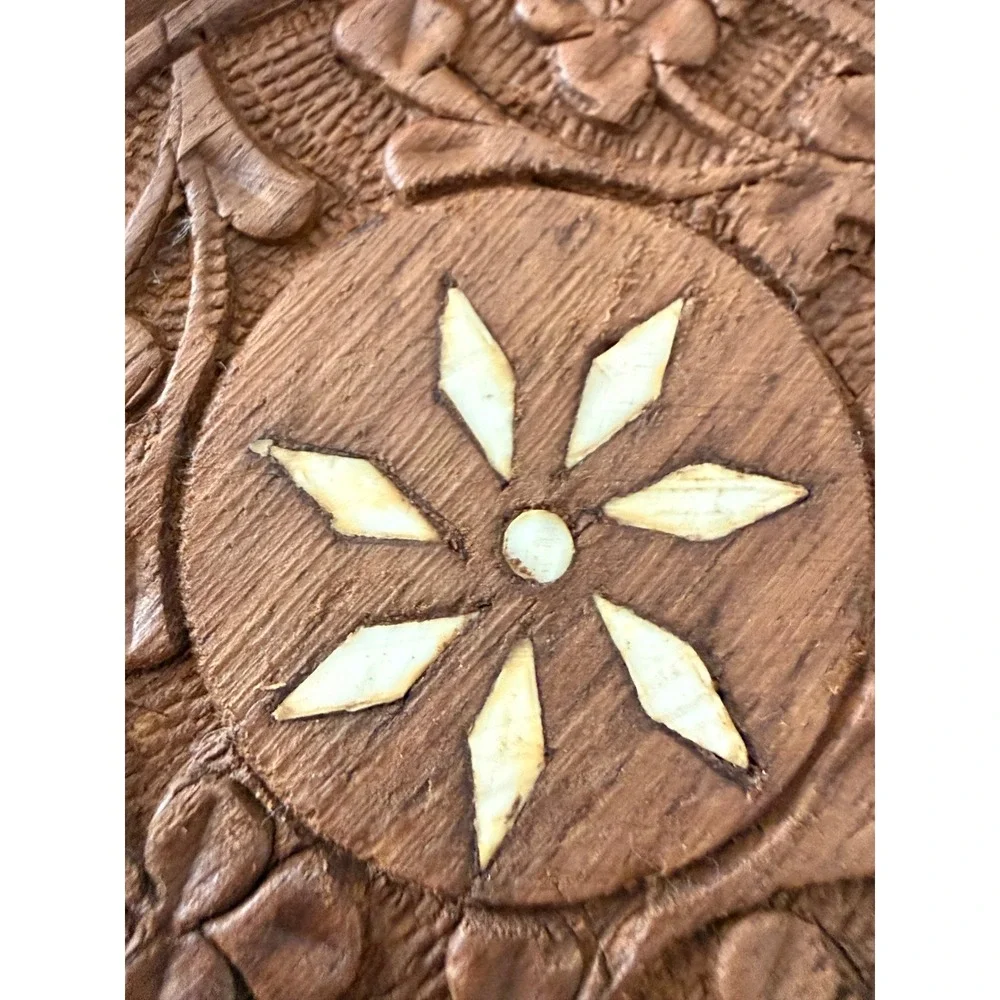 Vintage Busch Gardens Hand-Carved Bone Inlay Wood Coaster Set - 6 Floral